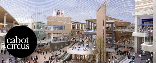 A panoramic image of the main shopping area of the Cabot Circus shopping centre in Bristol.